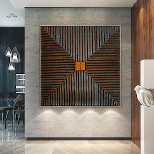 May include: Abstract geometric wall art with a dark brown and orange color scheme. The artwork features a series of intersecting lines creating a diamond shape in the center.