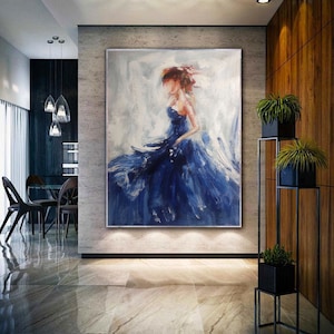abstract lady oil painting, girl wall art, large abstract canvas art, navy blue painting, original lady art,  blue abstract wall art M647