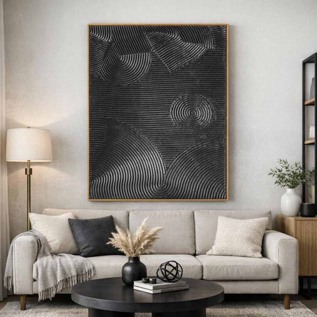 Large Black Abstract 3D Textured Painting, Modern Wabi Sabi Wall Art ...