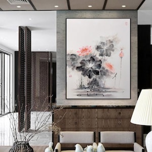 large abstract painting, lotus wall art, lotus painting on canvas, flowers painting, lotus oil painting, modern wall art H13