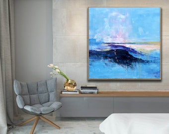 large abstract painting on canvas, modern abstract painting, original abstract oil painting, living room wall art, blue acrylic painting A14