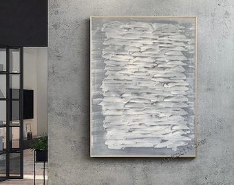 Neutral Gray White Painting, Handmade Neutral 3D Textured Abstract Canvas Art，Modern Minimalist Wall DecorM774