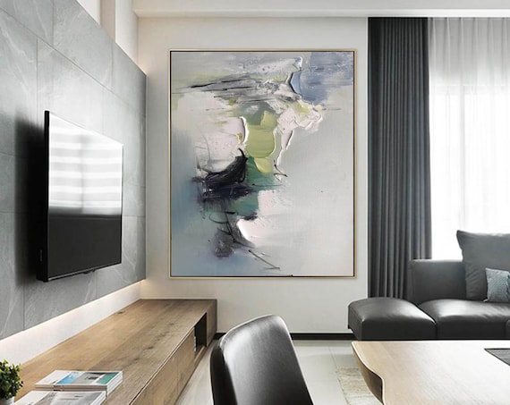 Original Abstract Painting – Handmade Textured Art in Black, White, Green & Blue M382