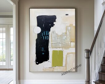 Black and Beige Abstract Painting Modern Textured Canvas Art Large Beige Black Minimalist Wall Art Neutral Painting for Bedroom A783