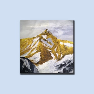 May include: A painting depicting a snow-capped mountain peak with a golden hue. The mountain is set against a cloudy sky.