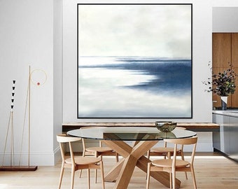 Navy Blue Wall Art | Minimalist Ocean Horizon Abstract Canvas Art | Handmade Textured Painting in Blue and White | Modern Wall Décor A139