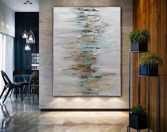 ゴールドリフレクション、ターコイズゴールドブルー抽象画モダンアート