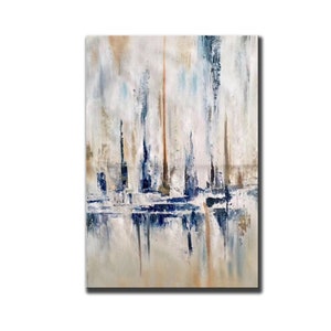 May include: Abstract oil painting on canvas featuring vertical brushstrokes in shades of white, beige, blue, and brown. The artwork has a textured appearance, with a reflective effect at the bottom, creating a sense of depth and movement.