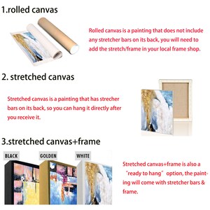 May include: An image showcasing three canvas options: rolled, stretched, and stretched with a frame. The rolled canvas is displayed with a rolled-up painting and a tube. Stretched canvas is shown with a painting on a wooden frame. The framed canvases come in black, golden, and white.