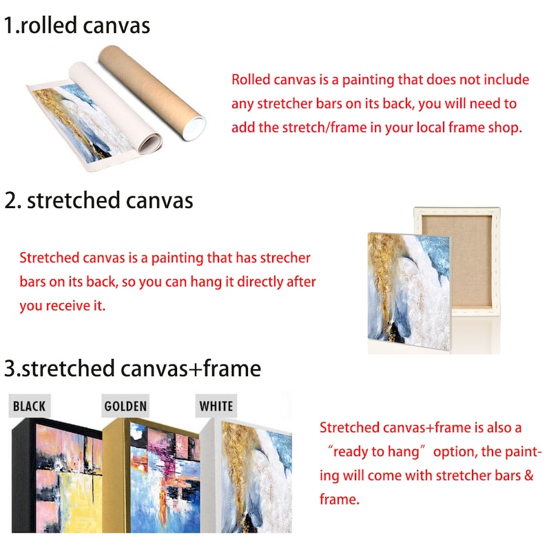 May include: An image showcasing three canvas options: rolled, stretched, and stretched with a frame. The rolled canvas is displayed with a rolled-up painting and a tube. Stretched canvas is shown with a painting on a wooden frame. The framed canvases come in black, golden, and white.