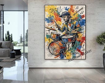 Original Drum Wall Art, Jazz Drummer Abstract Oil Painting, Music Room Decor, Drummer Gift, Colorful Musician Canvas Art, Graffiti Art A813