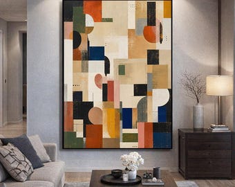 Original Abstract Canvas Artwork — Geometric Shapes with Warm Earth Tones M807