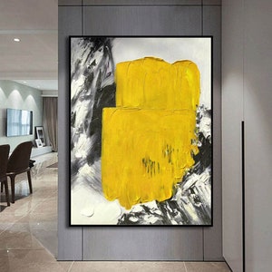 Contemporary Abstract Wall Art – Textured Yellow Brushstrokes Painting on Black and White Background A115