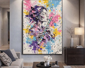 Flute Painting, Abstract Woman Playing Flute Wall Art, Pink Purple Music Room Decor, Flutist Gift, Graffiti wall Art A812