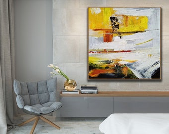 large abstract canvas wall art, yellow acrylic canvas art, original abstract painting, extra large wall art abstract painting on canvas W241