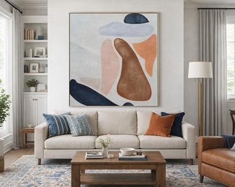 Original Handmade Abstract Painting – Textured Peach, Brown & Blue Wall Art for Modern Decor M442
