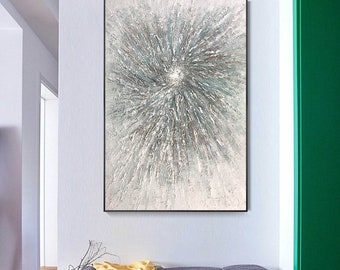 Handmade Large Teal Abstract Art | Modern Silver Blue Decor | Original Abstract Canvas Art M520