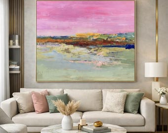 Original Gemälde, Abstraktes Wandbild, Sonnenuntergang, Leinwand mit Akzenten in Rosa, Blau, Grün und Erdtönen A577