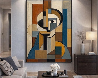Contemporary Abstract Wall Art | Blue Beige Brown Geometric Composition | Original Handmade Painting A808