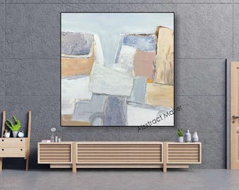 Original Abstract Painting in White, Beige, Gray & Blue – Handmade Textured Wall Art on Canvas A799