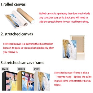 Puede incluir: Una comparaci&oacute;n de tres opciones de lienzo diferentes para pinturas: lienzo enrollado, lienzo estirado y lienzo estirado con marco. El lienzo enrollado es un tubo de lienzo, el lienzo estirado es una pintura en un marco de madera, y el lienzo estirado con marco es una pintura en un marco de madera con un marco alrededor. La imagen muestra tres colores de marcos diferentes: negro, dorado y blanco.
