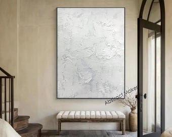Textured White Gray Abstract Painting – Original Minimalist Canvas Art for Modern Living Room or Office Decor A791