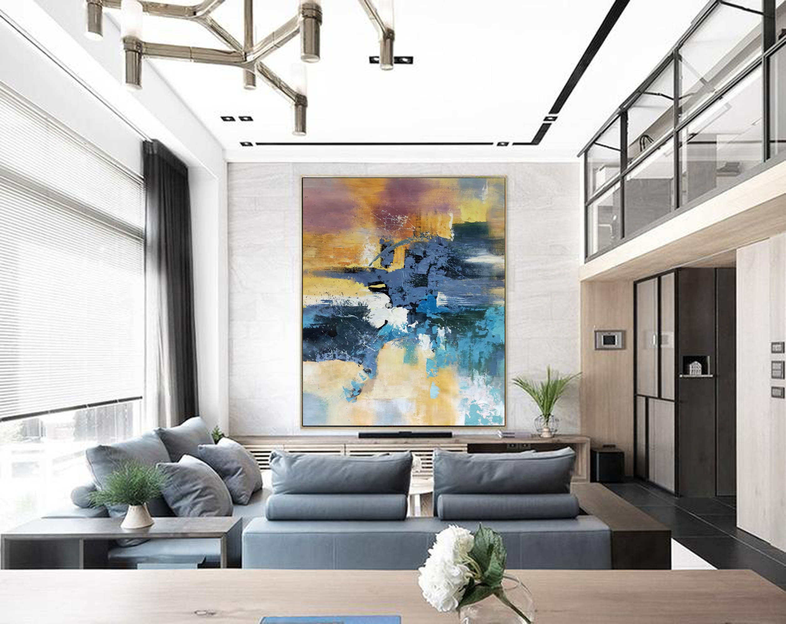 Modern Blue Abstract Painting on Canvas, Extra Large Canvas Wall Art ...