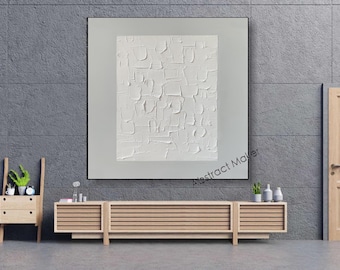 Neutral Abstract Texture Painting – Handmade White Canvas Art – Minimalist Geometric Wall Art A803