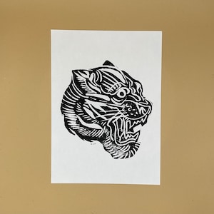 Tiger head animal handmade Lino art print, black ink handcrafted jungle artwork animal lover art, valentines gift