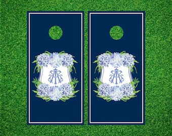 Luxury Personalized Cornhole Boards - Hydrangea Monogram Crest - A Perfect Wedding Or Shower Gift! - Preppy Cornhole Boards