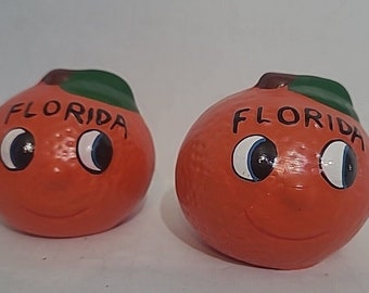 Oranges de Floride vintage Salières et poivrières anthropomorphes rétro Agrumes