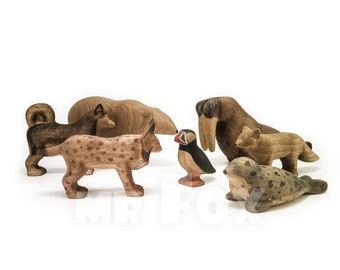 Jouets en bois - Ensemble d’animaux arctiques - Animaux arctiques en bois - Animaux polaires en bois