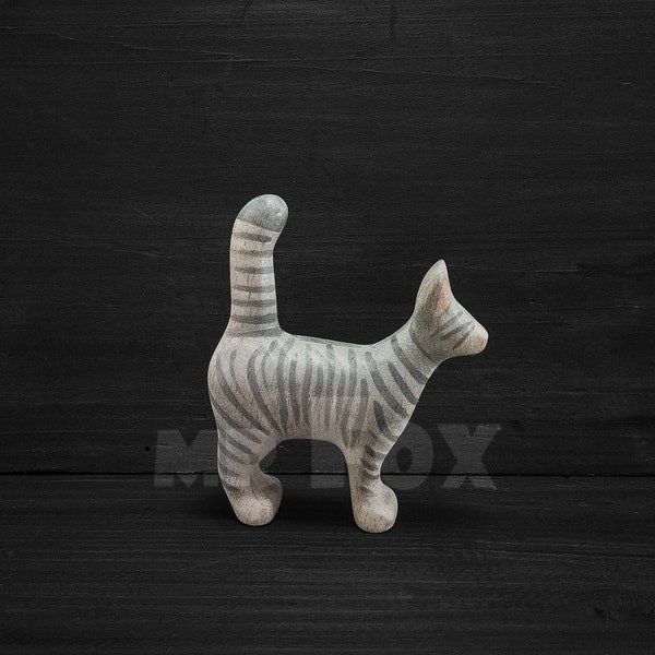 Small Wooden Cat Figurine - Gray Tabby Cat Toy - Handmade Gift - Subtle Home Decor - Cat Talisman - Cat Lover Gift - Cat Spirit Animal