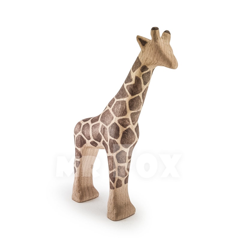 May include: A wooden giraffe toy with a brown and tan patterned design. The giraffe is standing on a white background.