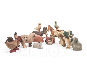 May include: A collection of wooden farm animal figurines, including a rooster, hen, sheep, pig, donkey, horse, goose, dog, rabbit, and a turkey. The figurines are painted in natural colors and have realistic details.