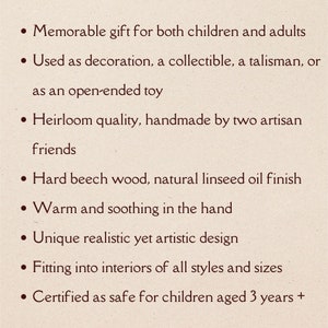 May include: Text on a cream-colored background lists features of a product. The text includes: "Memorable gift for both children and adults," "Heirloom quality, handmade," and "Certified as safe for children aged 3 years +."
