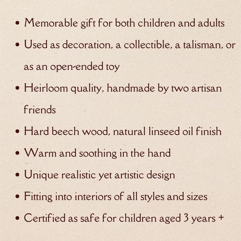 May include: Text on a cream-colored background lists features of a product. The text includes: "Memorable gift for both children and adults," "Heirloom quality, handmade," and "Certified as safe for children aged 3 years +."