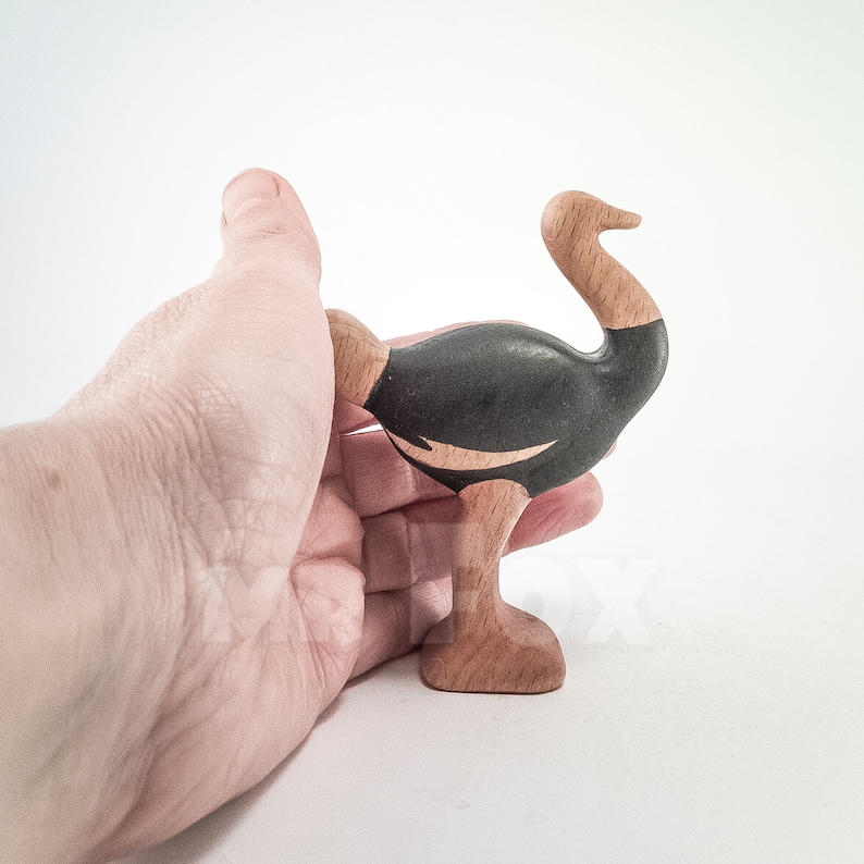 Op de afbeelding: Een houten struisvogelbeeldje, geschilderd in zwart en bruin. De struisvogel staat op een wit oppervlak.
