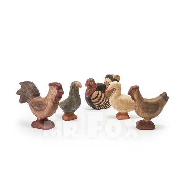 Wooden Toys Farm Birds Set - Wooden Chicken Coop  Toys - Wooden Waldorf Toys - Wooden Poultry Set