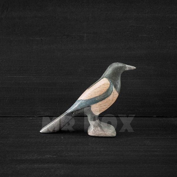 Wooden Magpie Figurine - Wooden Bird Figurine - Waldorf Wooden Toy - Montessori Wooden Toy - Wooden Bird - Carved Magpie Ornament