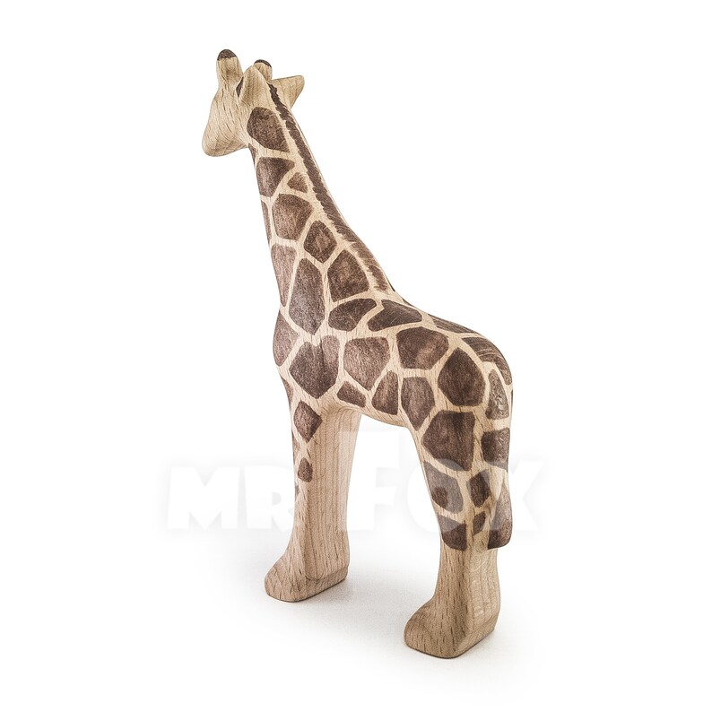 May include: Wooden giraffe toy with a brown and tan spotted pattern. The giraffe is standing on a white surface.