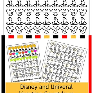 Könnte beinhalten: Ein druckbarer Countdown-Chart für Disney- und Universal-Urlaube mit Mickey-Mouse-Ohren und Hexenhüten. Der Chart enthält die Zahlen 1 bis 90, wobei jede Zahl einem Monat entspricht, der bis zum Urlaub führt. Der Chart ist so konzipiert, dass er als visueller Countdown für eine Reise nach Disney oder Universal verwendet werden kann.