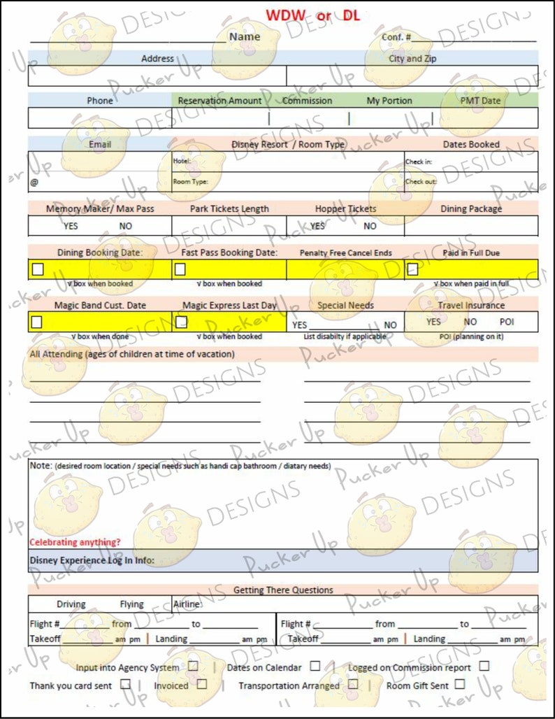 Travel Agent Booking Forms for Disney Parks and Universal Etsy