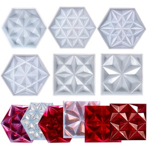 May include: Set of eight silicone molds for making geometric resin crafts. The molds are in two shapes: hexagon and square. The molds are shown with finished resin pieces in red, clear, and blue.
