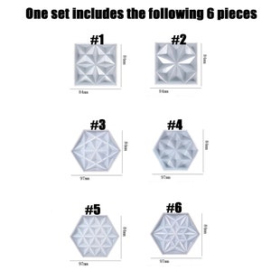 May include: Six white silicone molds for making geometric shapes. The molds are numbered 1 through 6. The molds are 8.4 cm wide and 9.7 cm long.