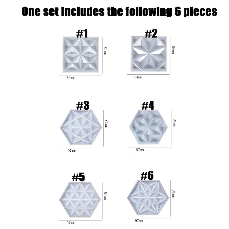 May include: Six white silicone molds for making geometric shapes. The molds are numbered 1 through 6. The molds are 8.4 cm wide and 9.7 cm long.