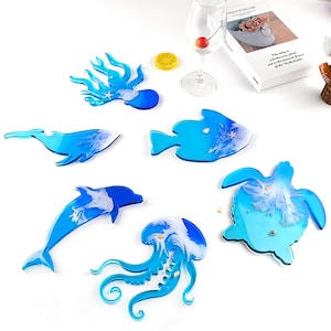 6 styles marine organism coaster & tray resin molds, turtle resin mold, shark resin mold, Octopus resin mold, Dolphins resin mold F89