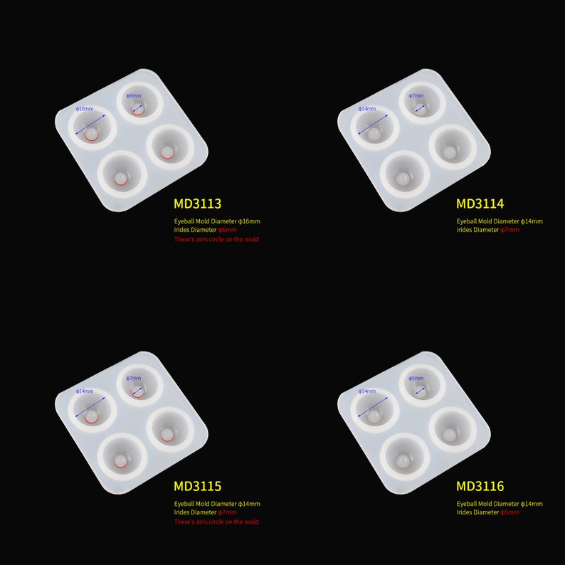 Puede incluir: Cuatro moldes de silicona para hacer ojos. Cada molde tiene cuatro cavidades, con diferentes tama&ntilde;os para el iris. Los moldes est&aacute;n etiquetados con el c&oacute;digo del producto y las medidas en mil&iacute;metros.