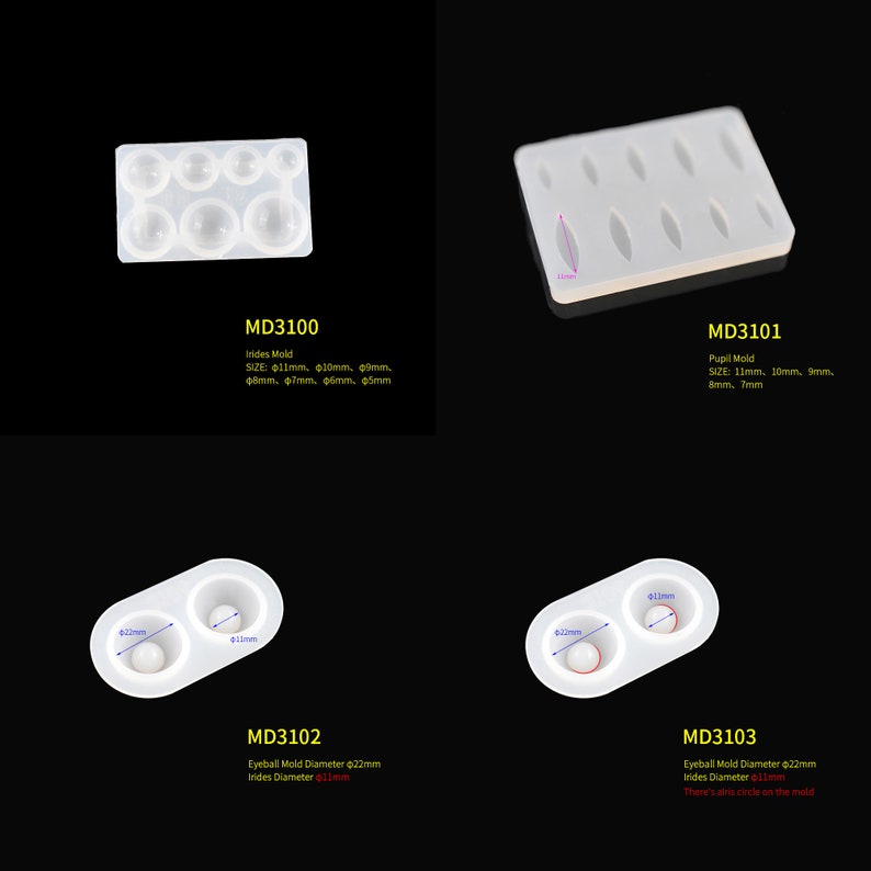 Puede incluir: Conjunto de cuatro moldes de silicona para hacer ojos de mu&ntilde;eca. Los moldes son blancos y presentan diferentes tama&ntilde;os de c&iacute;rculos y &oacute;valos. Los moldes est&aacute;n etiquetados con los c&oacute;digos de producto MD3100, MD3101, MD3102 y MD3103. El texto en los moldes incluye el tama&ntilde;o de los c&iacute;rculos y &oacute;valos en mil&iacute;metros.