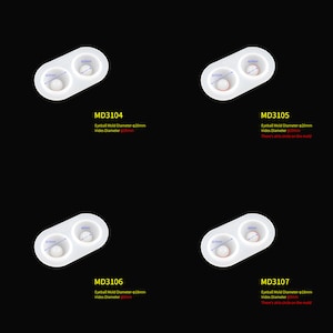 Puede incluir: Cuatro moldes de silicona blanca para hacer ojos. Cada molde tiene dos cavidades, una con un di&aacute;metro de 20 mm y la otra con un di&aacute;metro de 10 mm. Los moldes est&aacute;n etiquetados como MD3104, MD3105, MD3106 y MD3107.